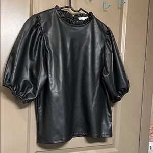 THML Black Size Large Puff Sleeve Ruffle Neck Top FAUX Leather